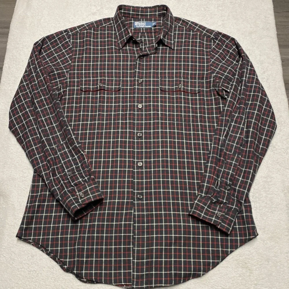 Polo‎ Ralph Lauren Flannel Shirt Mens Large Black Plaid GI Flap Pockets Outdoors
